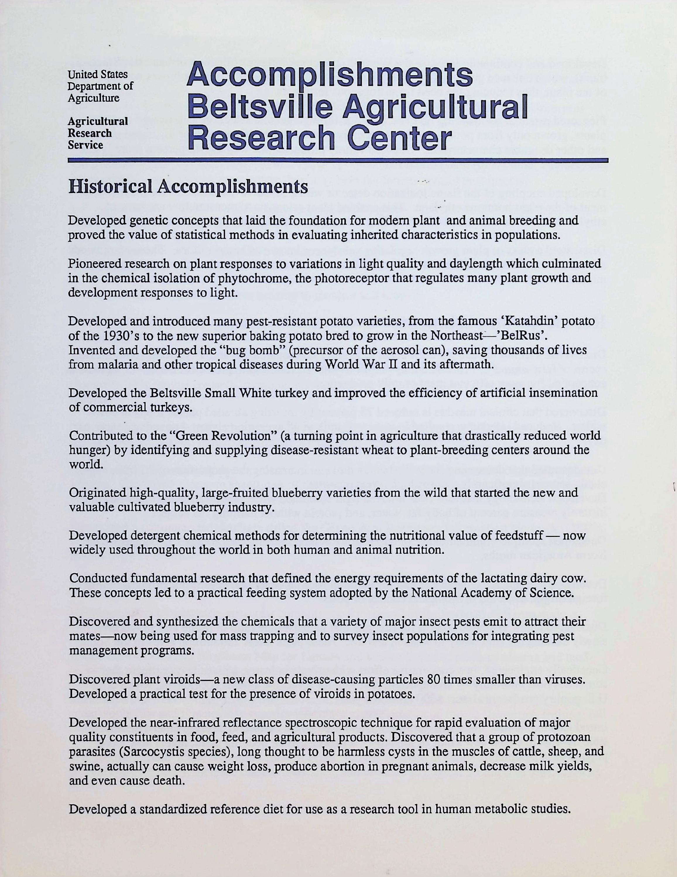 Page 1 of Accomplishments: Beltsville Agricultural Research Center